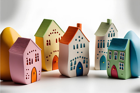3d illustration of colorful houses in different colors on a white background